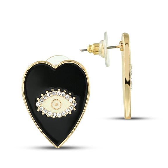 Evil Eye Black Enamel Heart Studs, 14K Gold Plated Zirconia Crystal Good Luck Earrings - Heart Earrings, CZ Earrings, Evil Eye Jewelry, Love Studs, Black Heart Jewelry for Girlfriend