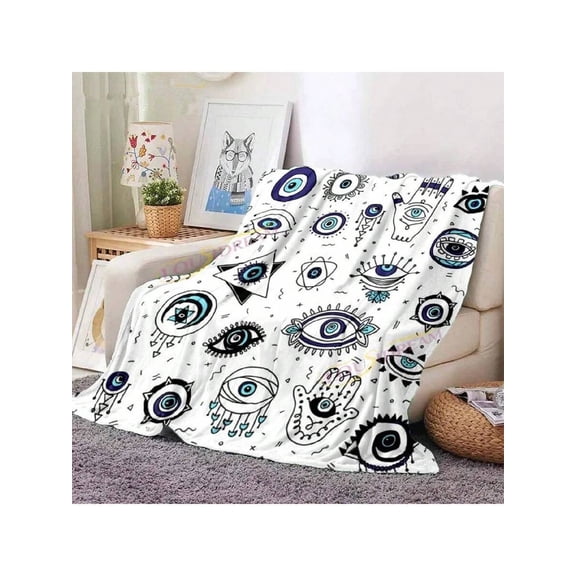 Evil Eye Blanket Turkish Nazar Spiritual Art Blanket Vintage Mid Century Flannel Blanket Sofa Chair Throw Travel Blankets