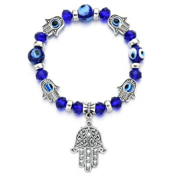 Evil Eye Blue Beaded Hamsa Hand of Fatima, Turkish Evil Eye Lucky Charm Stretch Bracelet, 22cm
