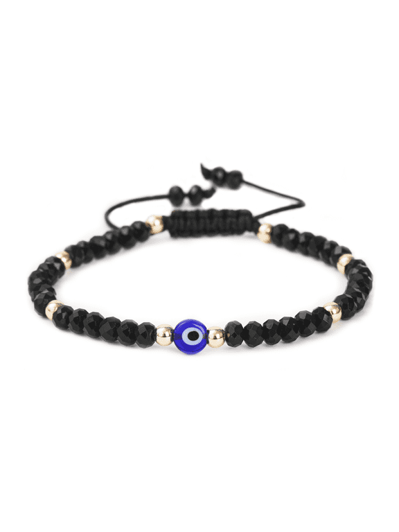 Evil Eye Bracelet - Handmade Natural Stone Black Agate Faceted Rondelle Beads - Adjustable Women's Jewelry
