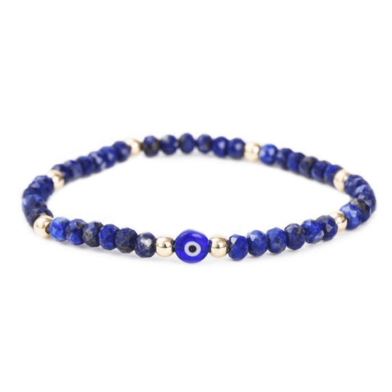 Evil Eye Bracelet - Handmade Natural Stone Lapis Faceted Rondelle Beads - Women's Jewelry