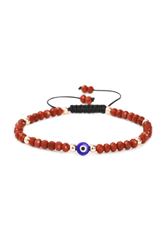 Evil Eye Bracelet, Handmade Red Jasper Faceted Rondelle Beads, Adjustable Women's Jewelry