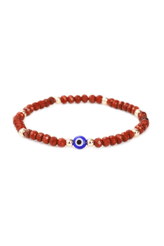 Evil Eye Bracelet - Handmade Natural Stone Red Jasper Faceted Rondelle Beads - Women's Jewelry