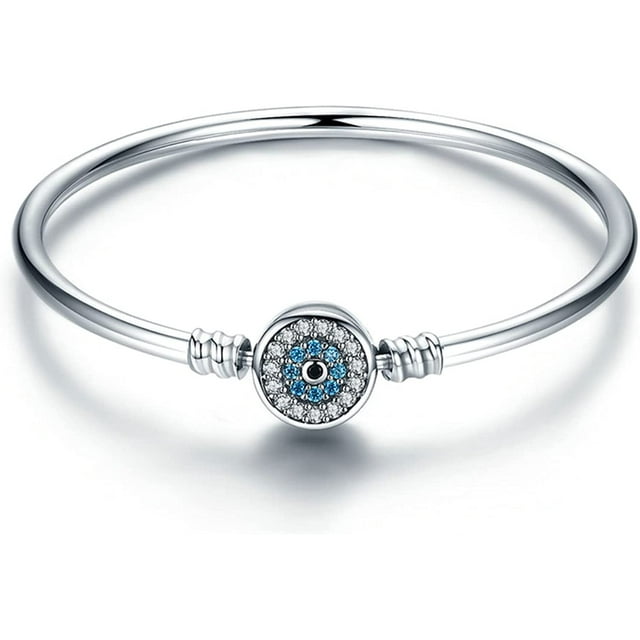 Evil Eye Bracelet Sterling Silver Clasp Charm Bangle Bracelet for Bead Charms with Sapphire Gemstones Evil Eye Clip Lock Stopper(17/19cm/ 21cm)