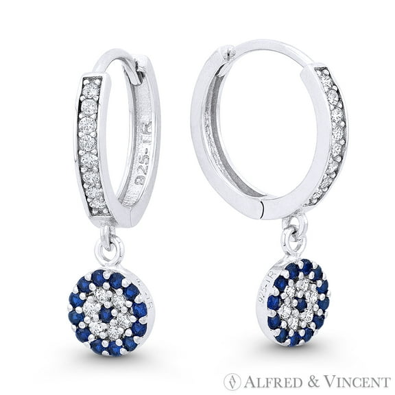 Evil Eye CZ Crystal Dangling Luck Charm & 14mm Hoop Earrings in .925 Sterling Silver