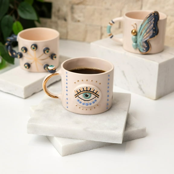 10 oz / 300 ml Evil Eye Ceramic Mug With 24K Real Gold-Plated Handle | Gift for Women, Mother, Girl, Mom, Mothers Day or Christmas