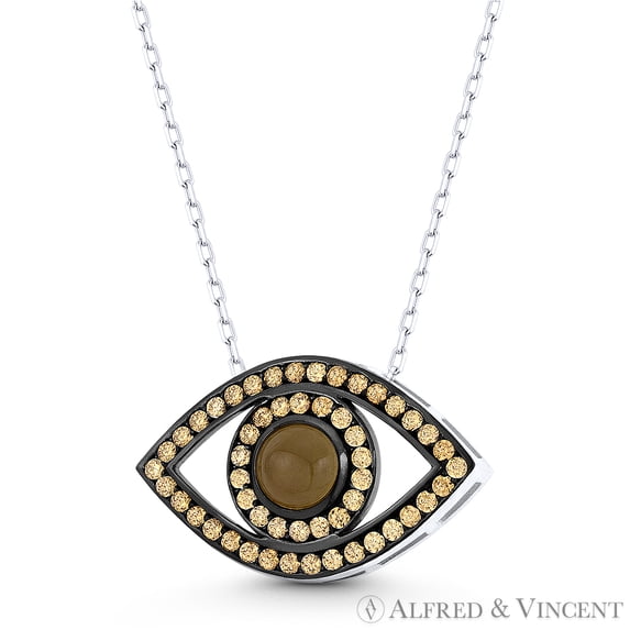 Evil Eye Charm Faux Citrine CZ Crystal Pendant & Chain Necklace in .925 Sterling Silver w/ Rhodium