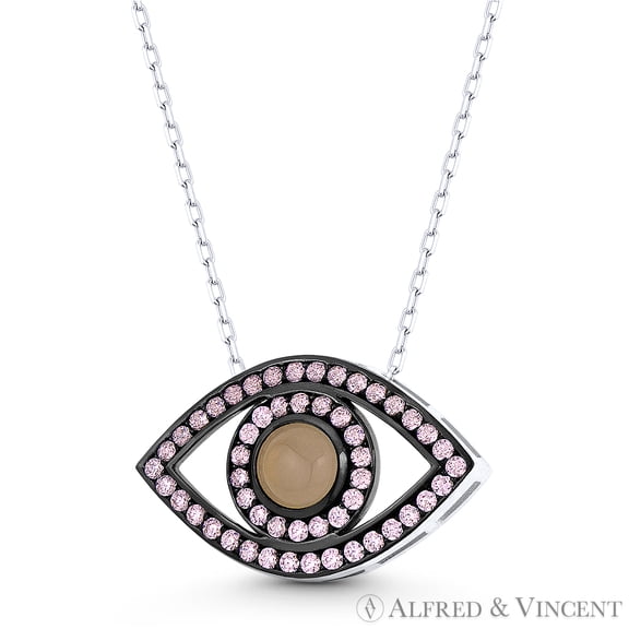 Evil Eye Charm Faux Tourmaline CZ Crystal Pendant & Chain Necklace in .925 Sterling Silver w/ Rhodium