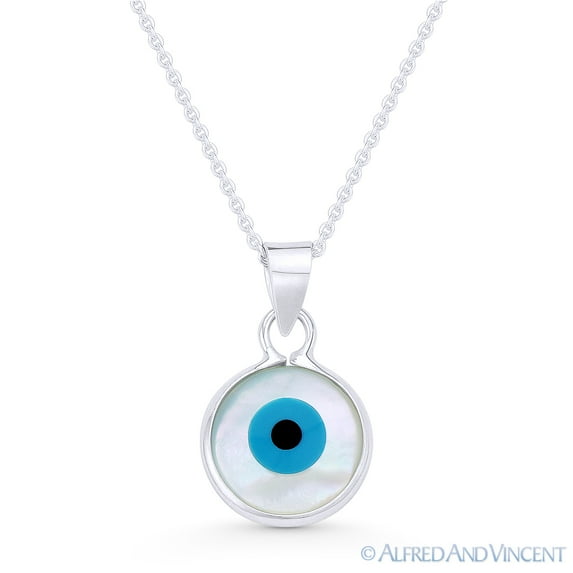 Evil Eye Charm Mother-of-Pearl & Enamel Pendant & Chain Necklace in .925 Sterling Silver