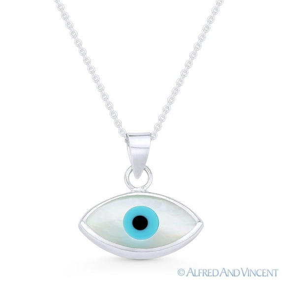Evil Eye Charm Mother-of-Pearl & Enamel Pendant & Chain Necklace in .925 Sterling Silver