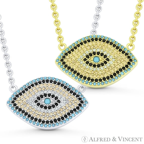 Evil Eye Charm Nano & CZ Crystal Pendant & Chain Necklace in .925 Sterling Silver w/ Rhodium