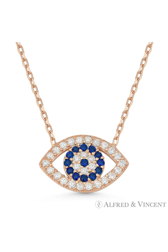 Evil Eye Charm Pendant w/ CZ Crystals & Chain Necklace in .925 Sterling Silver