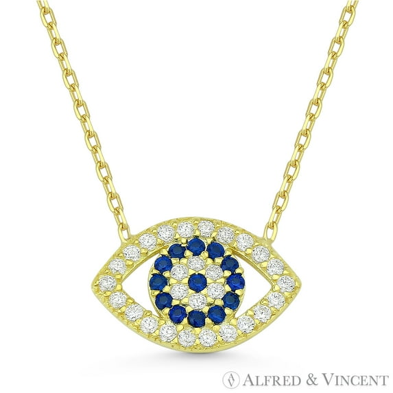 Evil Eye Charm Pendant w/ CZ Crystals & Chain Necklace in .925 Sterling Silver