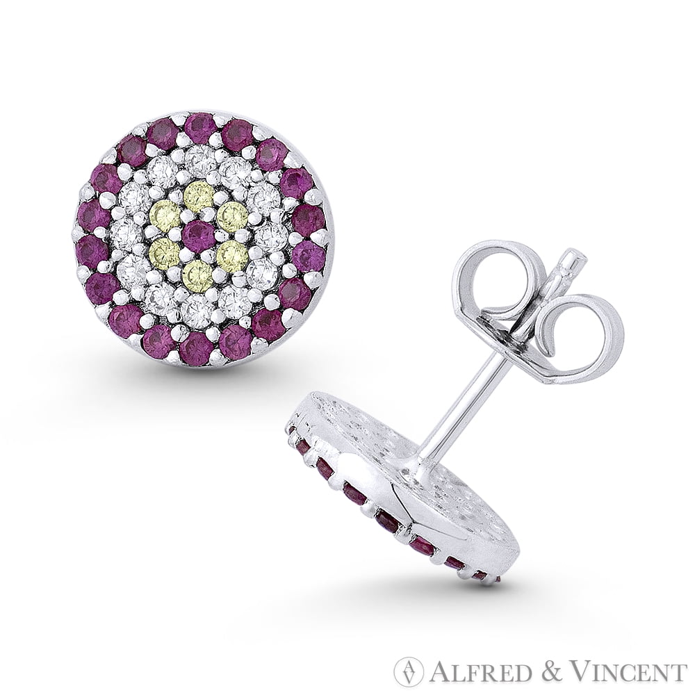 Evil Eye Charm Red, Clear, & Yellow CZ Crystal 9mm Round Stud Earrings in .925 Sterling Silver
