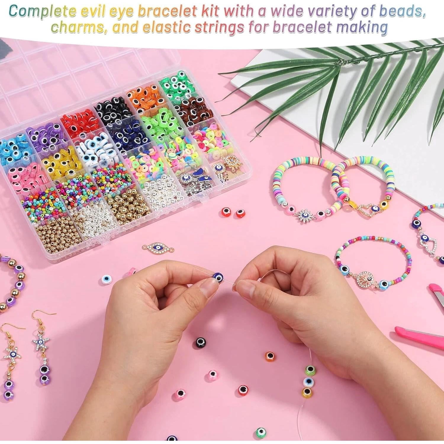 Evil Eye Charms/bracelet Making Kit With Glass Seed Clay Beads And Elastic Strin