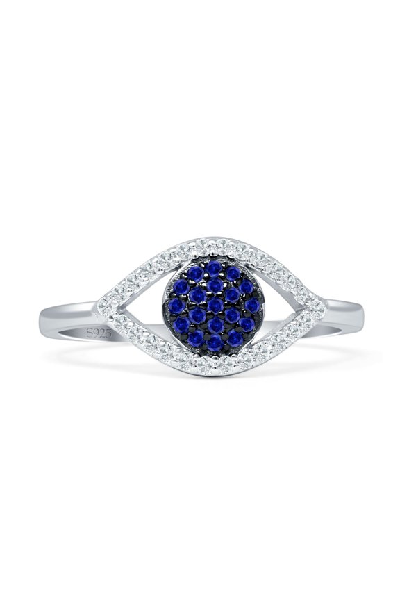 Evil Eye Cluster Blue Sapphire CZ Ring 925 Sterling Silver Size 5