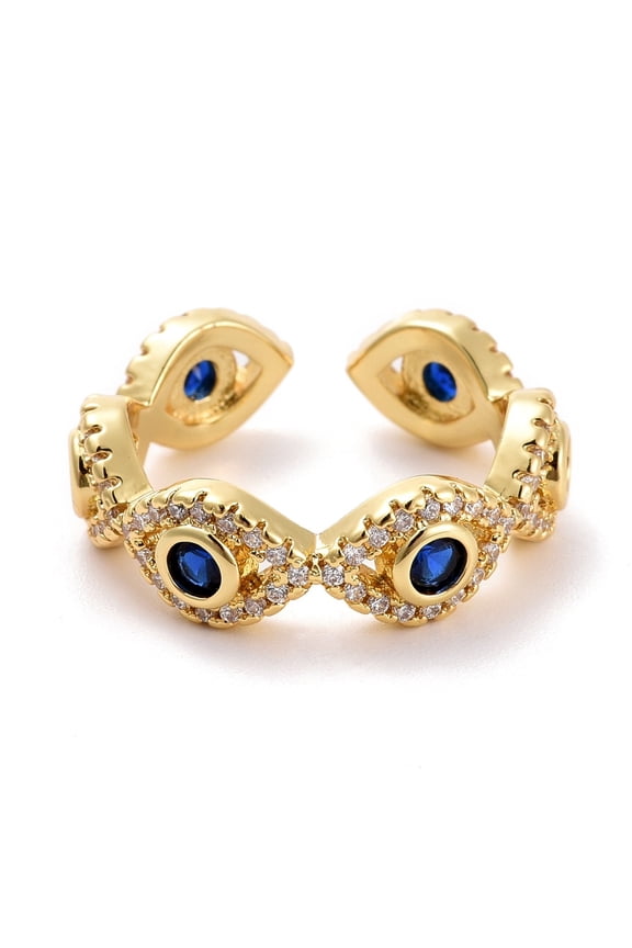 Evil Eye Cubic Zirconia Cuff Ring Real 18K golden Plated Brass Open Ring for Women Lead Free & Cadmium Free Blue US Size 6 1/2(16.9mm)