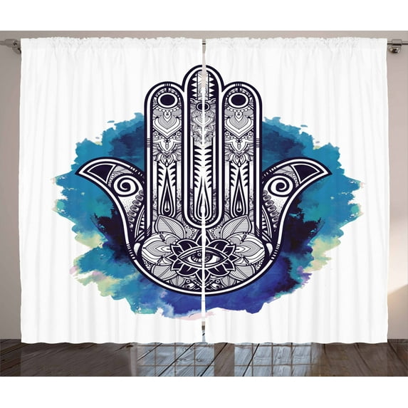Ambesonne Evil Eye Curtains 2 Panel Set, Hamsa Brushstrokes, 108" x 84", Pale Blue Dark Blue