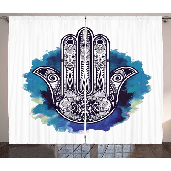 Ambesonne Evil Eye Curtains 2 Panel Set, Hamsa Brushstrokes, 108" x 96", Pale Blue Dark Blue