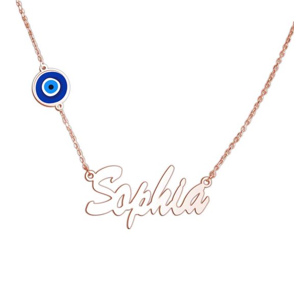 Evil Eye Custom Name Necklace, Rose Gold Plated, 16"