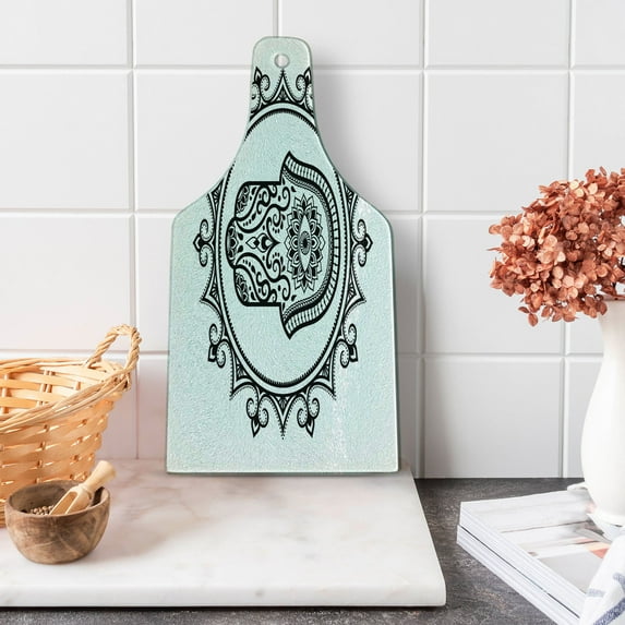 Evil Eye Cutting Board, Hamsa Hand Drawn with Evil Eye in Mandala Lucky Piece Illustration, Decorative Tempered Glass Cutting and Serving Board, Wine Bottle Shape, White Black, by Ambesonne