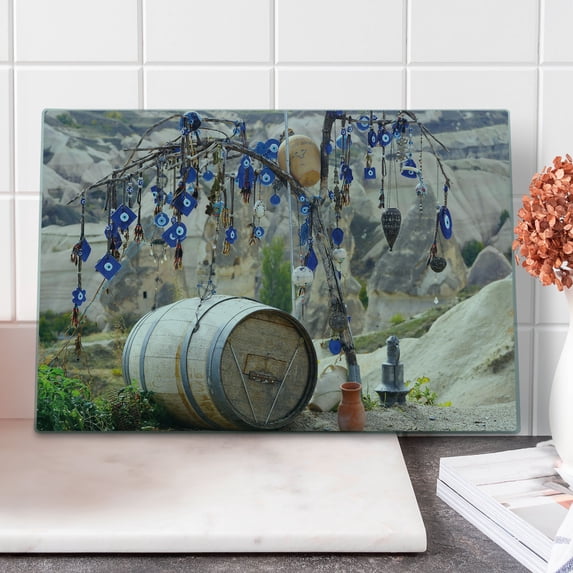 Evil Eye Cutting Board, Picturesque Landscape with Evil Eyes on a Tree Cappadocia Turkey Anatolian Culture, Decorative Tempered Glass Cutting and Serving Board, Large Size, Multicolor, by Ambesonne
