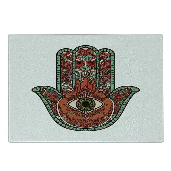 Evil Eye Cutting Board, Vintage Bohemian Style Colorful Hamsa with All Seeing Eye, Decorative Tempered Glass Cutting and Serving Board, Small Size, Multicolor, by Ambesonne