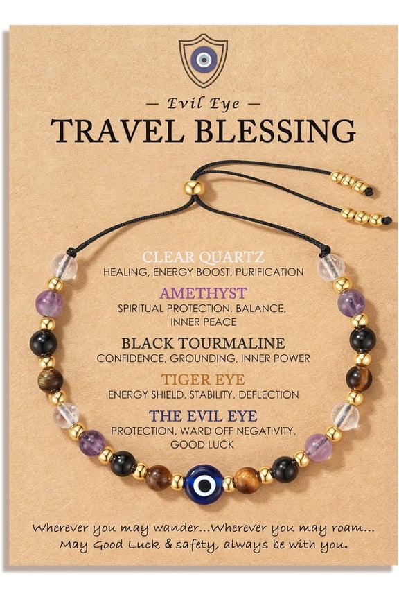Evil Eye Dainty Bracelet - Natural Crystal Protection Bracelet - 5 Healing Stones Clear Quartz Amethyst Black Tourmaline Tiger Eye Adjustable Spiritual Guardian Jewelry Gift with Meaning Card