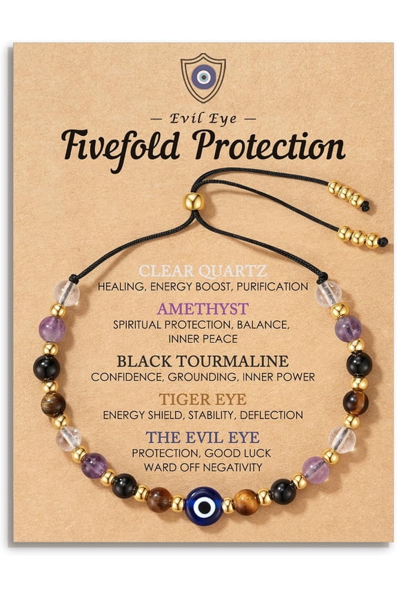 Evil Eye Dainty Bracelet - Natural Crystal Protection Bracelet - 5 Healing Stones Clear Quartz Amethyst Black Tourmaline Tiger Eye Adjustable Spiritual Guardian Jewelry Gift with Meaning Card