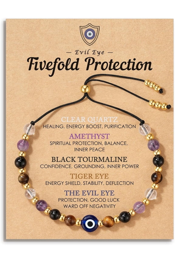 Evil Eye Dainty Bracelet - Natural Crystal Protection Bracelet - 5 Healing Stones Clear Quartz Amethyst Black Tourmaline Tiger Eye Adjustable Spiritual Guardian Jewelry Gift with Meaning Card