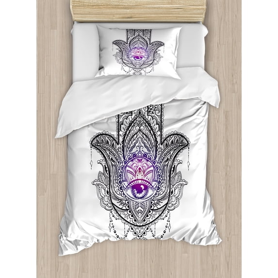 Evil Eye Duvet Cover Set, Art Curvy Floral Details Eastern Ornaments, Decorative 2 Piece Bedding Set with 1 Pillow Shams, Twin Size, Purple White and Black, by Ambesonne