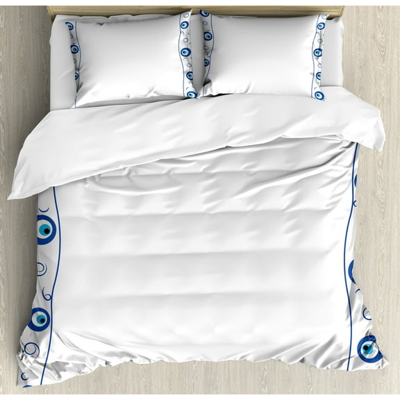 Evil Eye Duvet Cover Set, Evil Eye Borders Spirals Swirls Luck in Traditional Design Illustration, Decorative 3 Piece Bedding Set with 2 Pillow Shams, Queen Size, Pale Blue White Blue, by Ambesonne