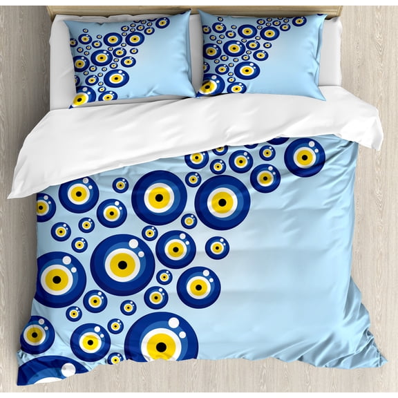 Evil Eye Duvet Cover Set, Diagonal Evil Eye Pattern Lively Protection Turkish Cultural, Decorative 3 Piece Bedding Set with 2 Pillow Shams, Queen Size, Blue Pale Blue Yellow, by Ambesonne