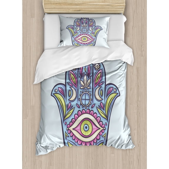 Evil Eye Duvet Cover Set, Doodle Hamsa Hand Traditional All Seeing Eye Positive Colorful, Decorative 2 Piece Bedding Set with 1 Pillow Shams, Twin Size, Pale Blue Pink Green, by Ambesonne