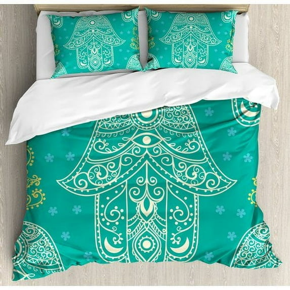 Evil Eye Duvet Cover Set, Eastern Oriental Folkloric Hand Pattern with Little Daisies Illustration, Decorative 3 Piece Bedding Set with 2 Pillow Shams, Queen Size, Yellow White Teal, by Ambesonne