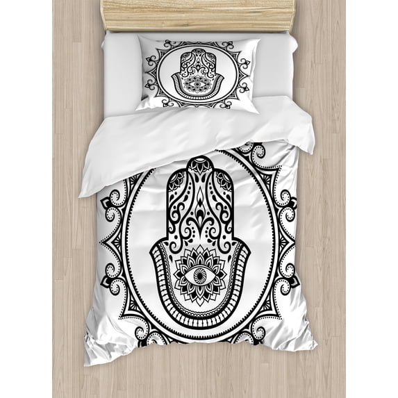 Evil Eye Duvet Cover Set, Hamsa Hand Drawn with Evil Eye in Mandala Lucky Piece Illustration, Decorative 2 Piece Bedding Set with 1 Pillow Shams, Twin Size, White Black, by Ambesonne