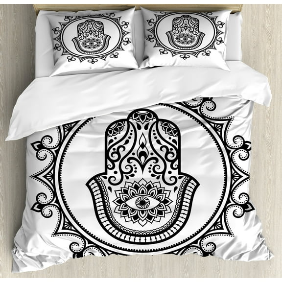 Evil Eye Duvet Cover Set, Hamsa Hand Drawn with Evil Eye in Mandala Lucky Piece Illustration, Decorative 3 Piece Bedding Set with 2 Pillow Shams, Calking Size, White Black, by Ambesonne