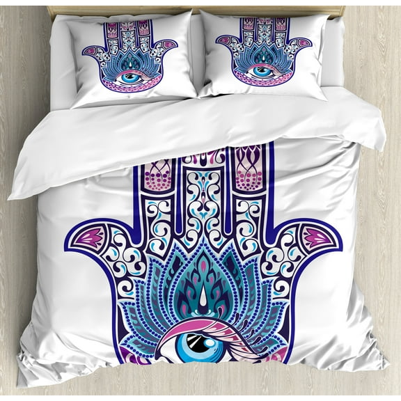 Evil Eye Duvet Cover Set, Protective All Seeing Eye Lotus Elements Luck East, Decorative 3 Piece Bedding Set with 2 Pillow Shams, Queen Size, White Pink and Blue, by Ambesonne