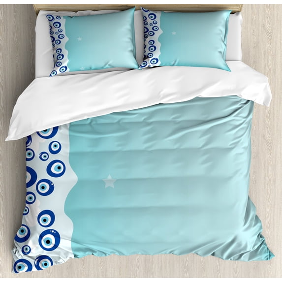 Evil Eye Duvet Cover Set, Protective Vertical Border Abstract Faded Tones with Tiny Stars, Decorative 3 Piece Bedding Set with 2 Pillow Shams, Queen Size, Pale Blue Pale Blue, by Ambesonne
