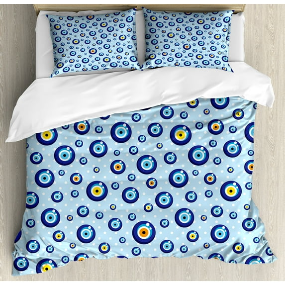 Evil Eye Duvet Cover Set, Traditional Protection on Dotted Backdrop Celebration Theme, Decorative 3 Piece Bedding Set with 2 Pillow Shams, Queen Size, Multicolor, by Ambesonne