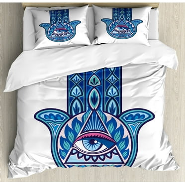 Evil Eye Duvet Cover Set, Vibrant Design Hamsa Hand with Evil Eye in Triangle Esoteric East Cure, Decorative 3 Piece Bedding Set with 2 Pillow Shams, King Size, Blue Turquoise Pink, by Ambesonne