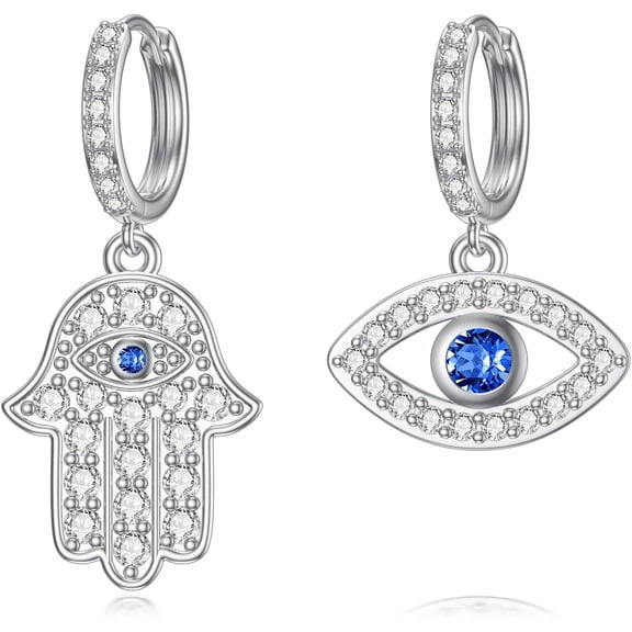 Evil Eye Earrings Sterling Silver Hamsa Hand Huggie Hoop Dangle Drop Charm Earrings Religious Christian Jewelry Gifts for Women