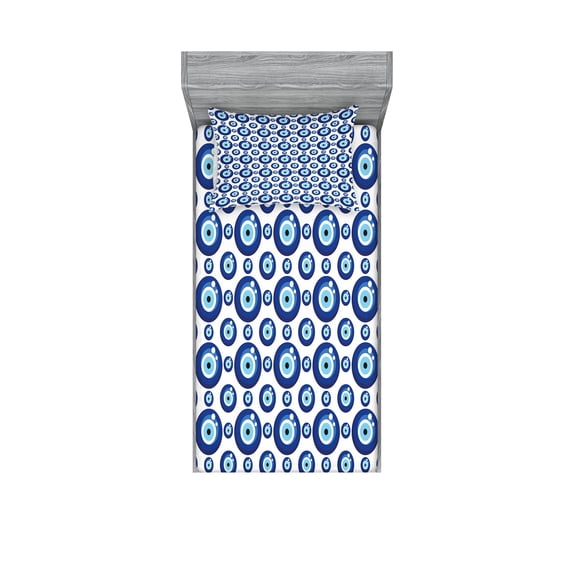Evil Eye Fitted Sheet & Pillow Sham Set, Symmetrical Pattern All Seeing Eye Superstitious Turkish Ethnic, Decorative Printed 4 Piece Bedding Decor Set, Twin, Blue Pale Blue White, by Ambesonne
