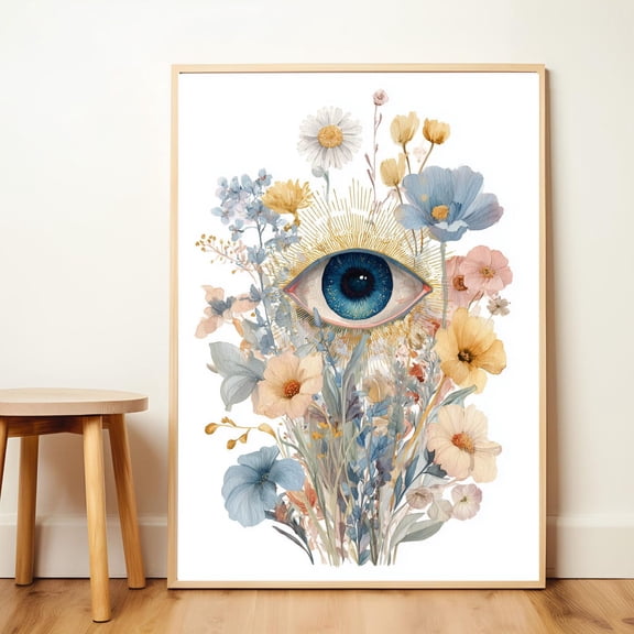 Evil Eye Floral Wall Art Protection Sacred Geometry Decor, Unframed Paper Poster 8x10in