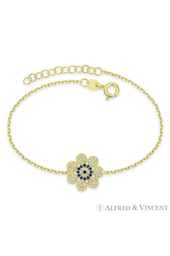 Evil Eye & Flower Charm Bracelet with CZ Crystals in .925 Sterling Silver