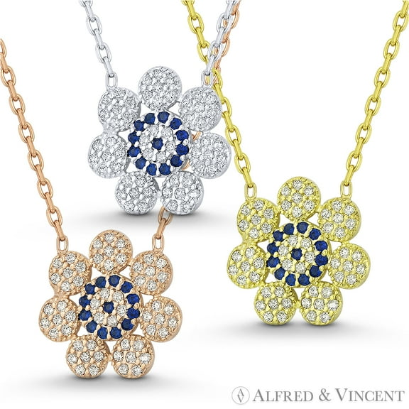 Evil Eye & Flower Charm Necklace with CZ Crystals in .925 Sterling Silver