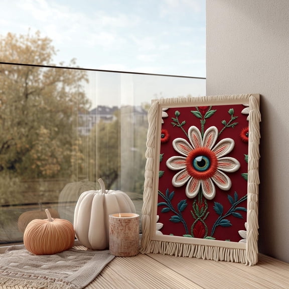 Evil Eye Flower Wall Art Maximalist Folk Art Print Protection Symbol Decor Boho, Unframed Canvas