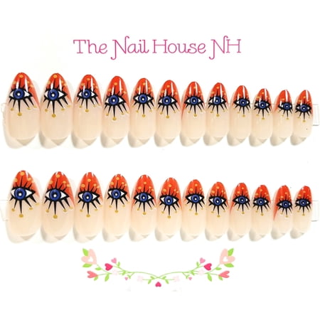 Evil Eye French Manicure Glossy Almond Press-On Nails - 24 Pieces - Artificial Nail Kit