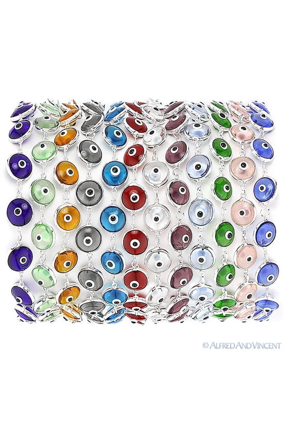 Evil Eye Glass Bead 10mm Bezel Bracelet in .925 Sterling Silver - Clear Colors