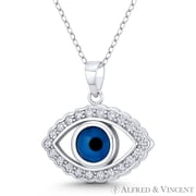 Evil Eye Glass Bead & Cubic Zirconia CZ Crystal Charm Pendant & Chain Necklace in .925 Sterling Silver w/ Rhodium